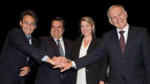 From left, Richard Bergeron, Denis Coderre, Melanie Joly and Marcel Cote are the front-runners in the race for mayor of Montreal in the 2013 municipal elections. (Graham Hughes/The Canadian Press) 