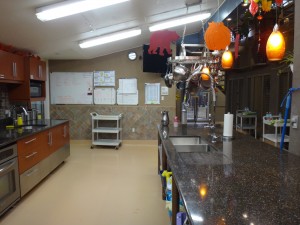The kitchen (with food trolley and chimp area on the right). 