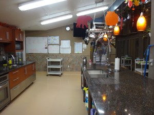 The kitchen (with food trolley and chimp area on the right).