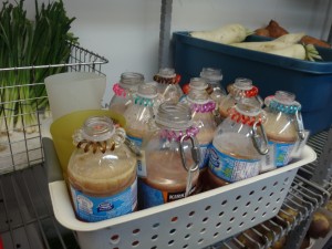Special smoothies, labeled for each chimp. 